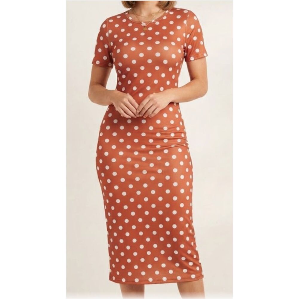 Brown & White Polka Dot Dress Knee Length Short Sleeve Women's Size L